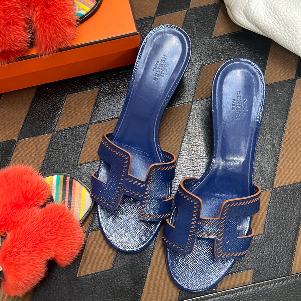 HERMES Patent Epsom Oasis Sandals bleu saphir size 38